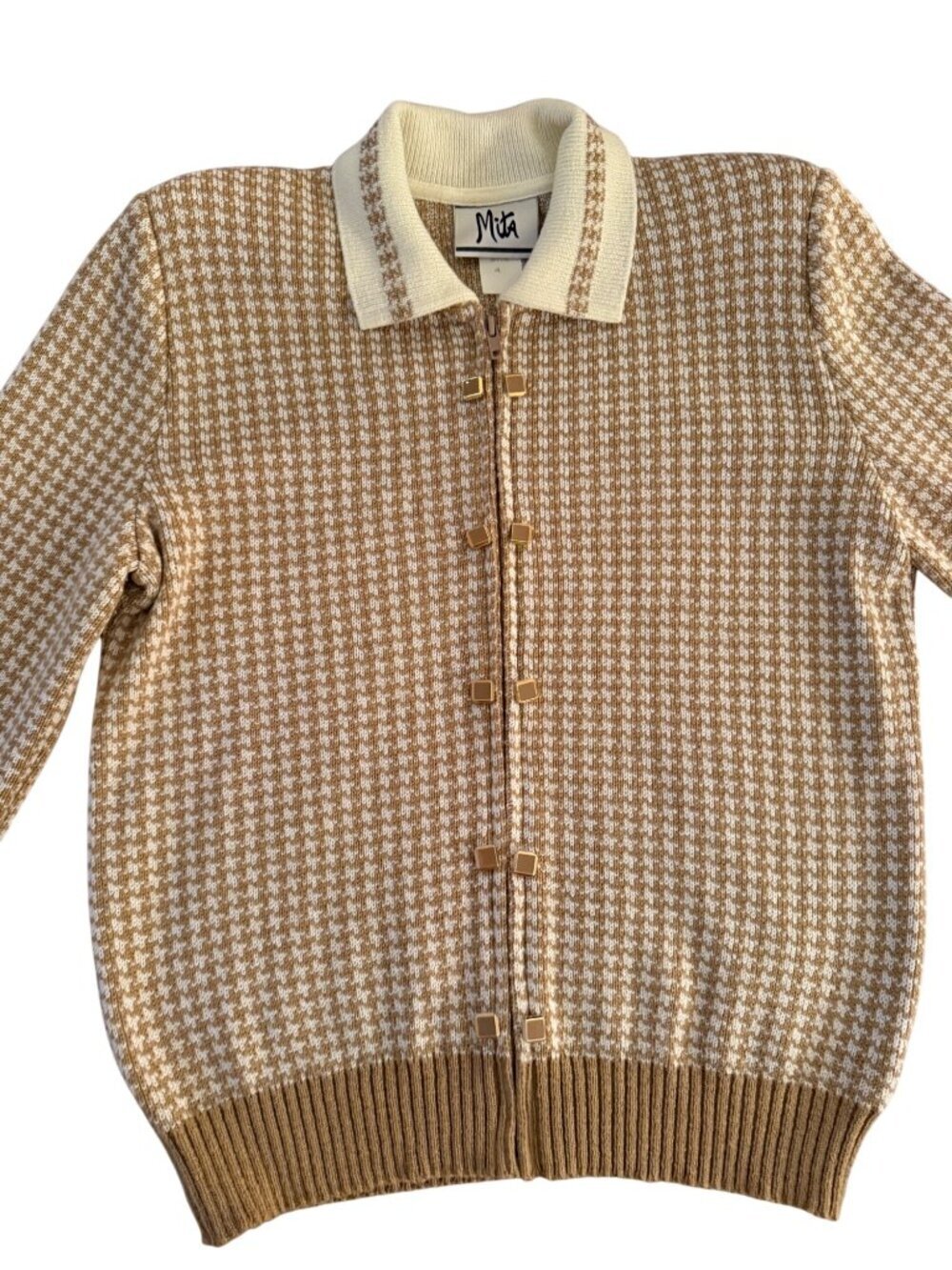 Mita Cardigan Womens Zip-up Cardigan Sweater Size 4 Tan Knit Houndstooth Vintage